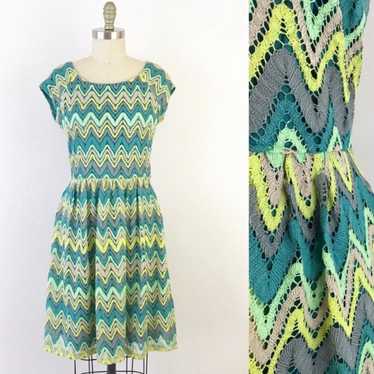 Colorful Retro Chevron Teal Fit Flare Dress Cheer… - image 1