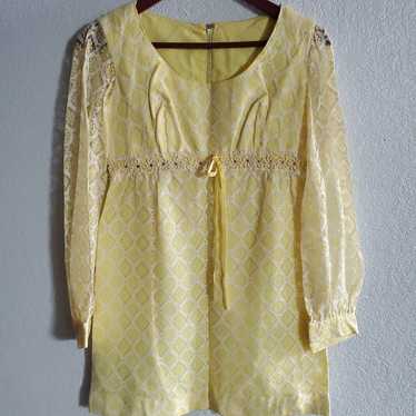60s yellow daisy dress sheer lace sleeves Rhinest… - image 1