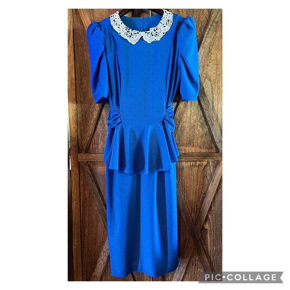 Vintage Polka Dot Blue Black Lace Dress Peplum Ti… - image 1