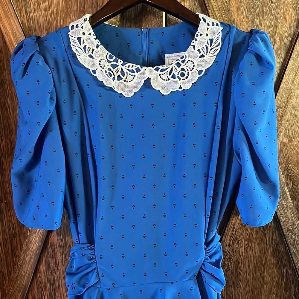 Vintage Polka Dot Blue Black Lace Dress Peplum Ti… - image 2