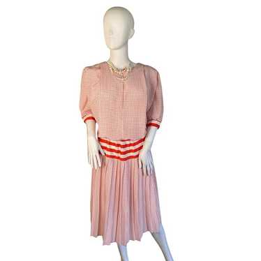 VINTAGE 70'S PERCEPTIONS RED WHITE PLEATED DRESS … - image 1