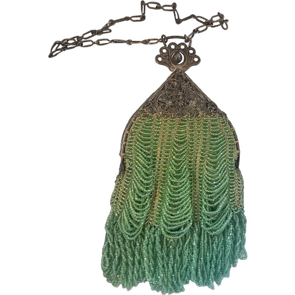 Exquisite Vintage Green Beaded Evening Purse Hand… - image 1