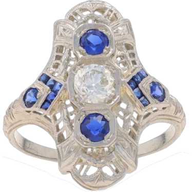 White Gold Diamond & Sapphire Art Deco Ring 18k Eu