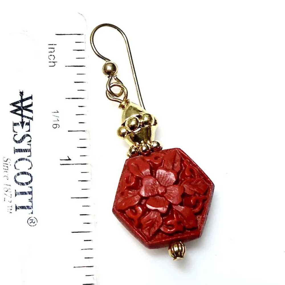 Carved Red Cinnabar Flowers Drop Earrings - image 6