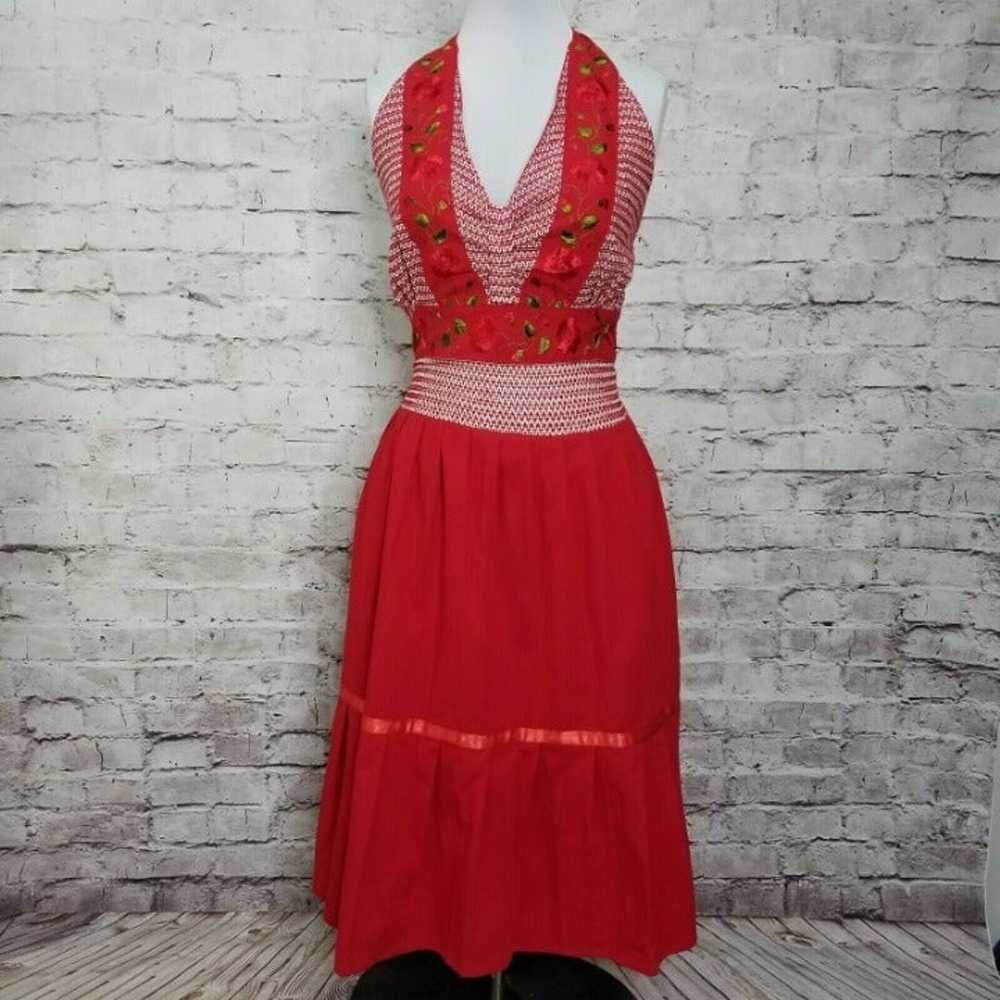 Vintage 60s Red Halter Midi Dress Floral - image 1