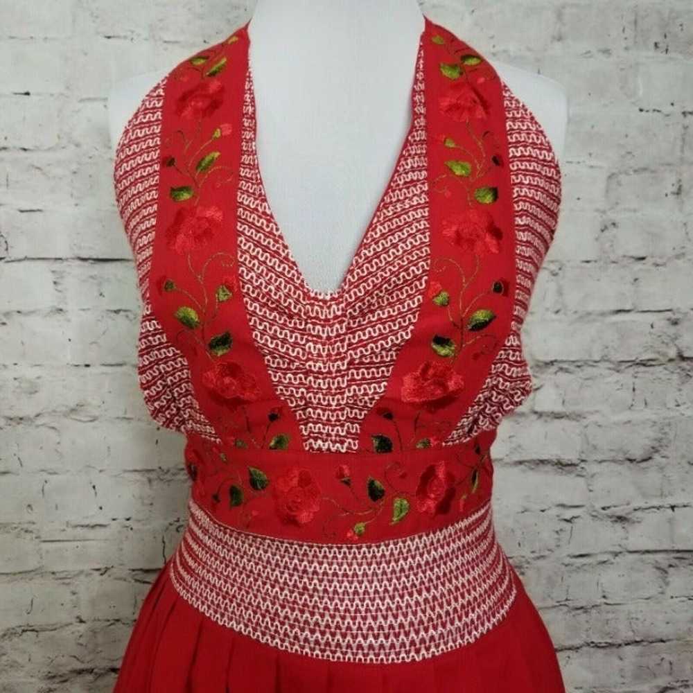 Vintage 60s Red Halter Midi Dress Floral - image 2