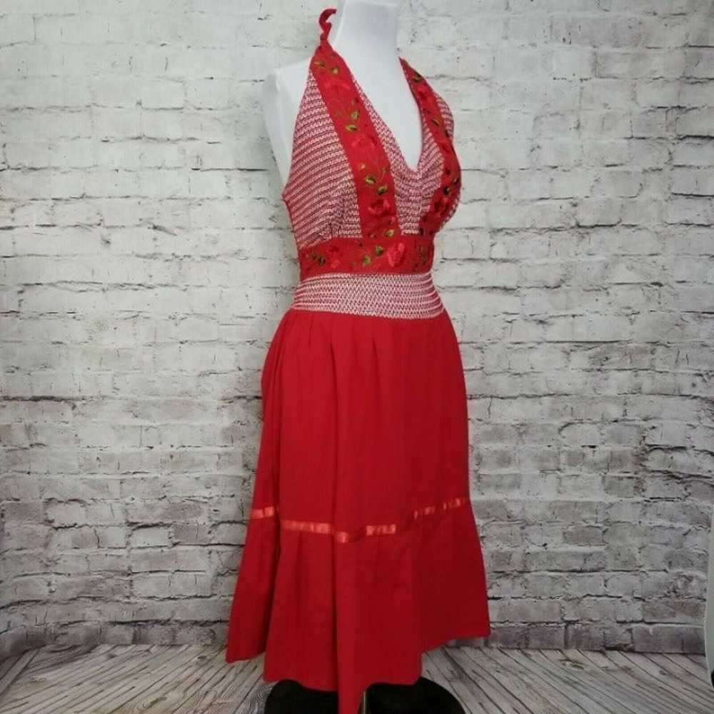 Vintage 60s Red Halter Midi Dress Floral - image 4