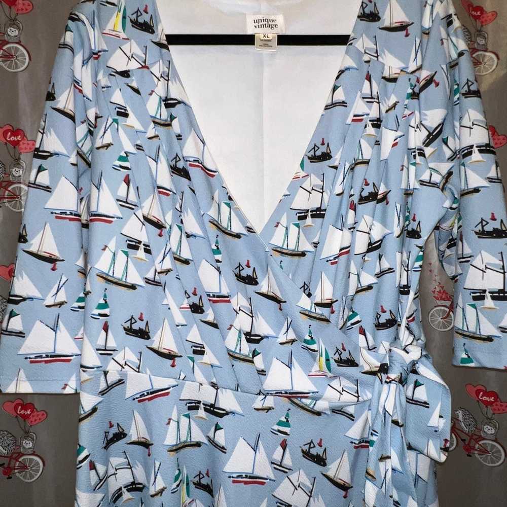 Unique Vintage Sailboat print Wrap Dress - image 6