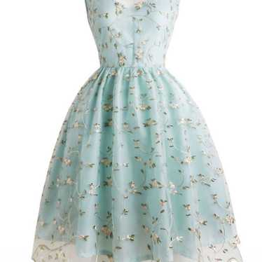 New- BLUE 1950S FLORAL EMBROIDERY LACE DRESS - image 1