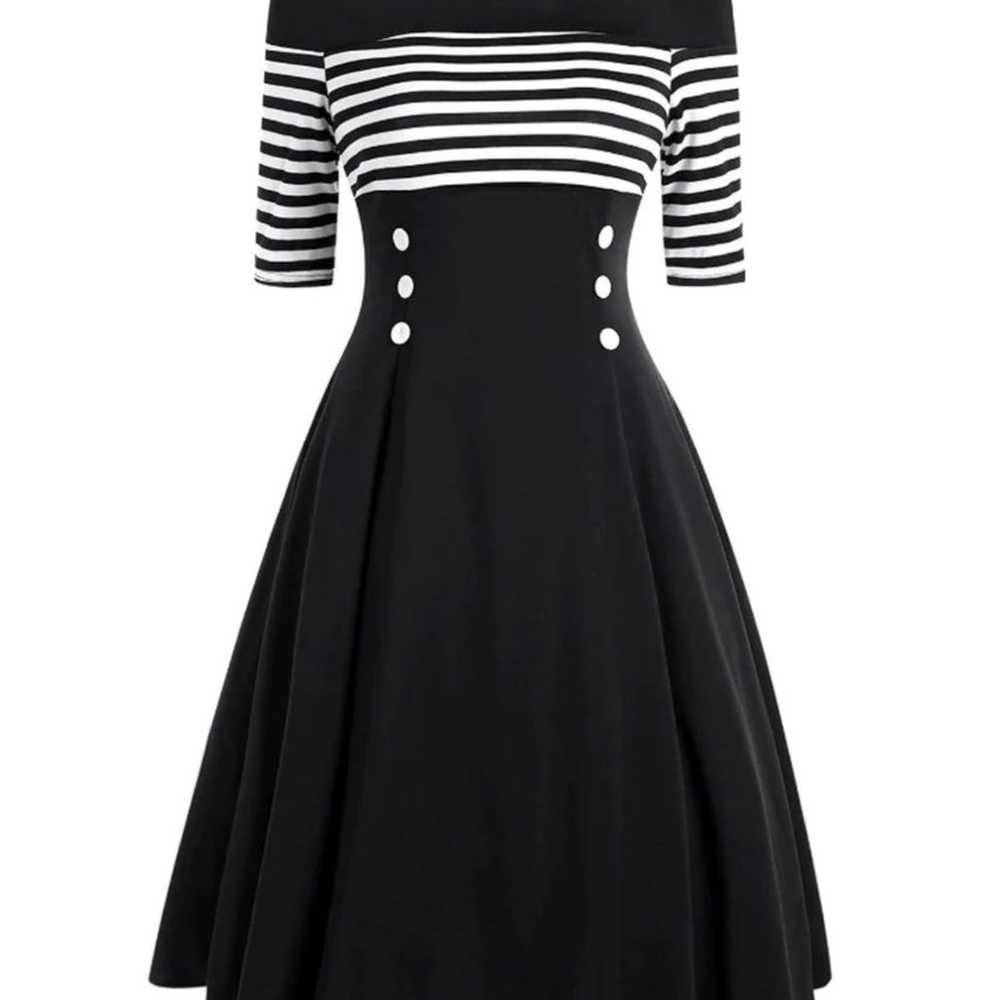 New- BLACK 1950S STRIPED OFF SHOULDER DRESS - image 1