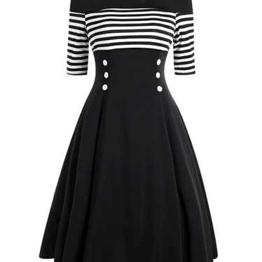 New- BLACK 1950S STRIPED OFF SHOULDER DRESS - image 1