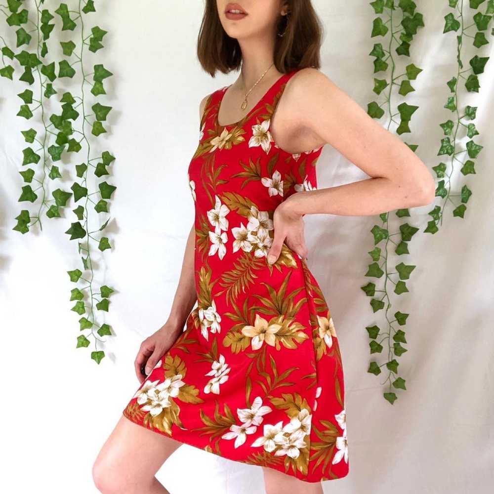 Vintage 80s red floral tropical summer Hawaiian d… - image 1