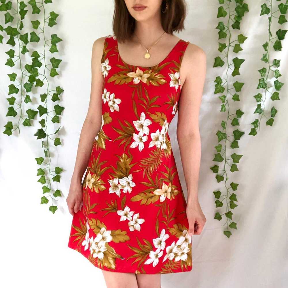 Vintage 80s red floral tropical summer Hawaiian d… - image 2