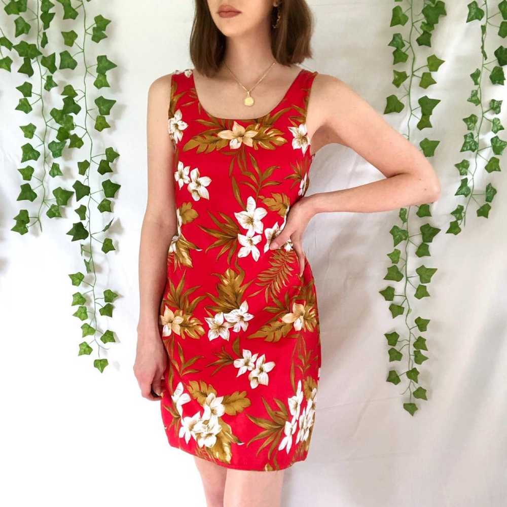 Vintage 80s red floral tropical summer Hawaiian d… - image 3