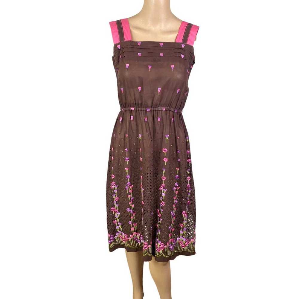 Vtg 50s/60s S Brown Pink Floral Embroidered Eyele… - image 1