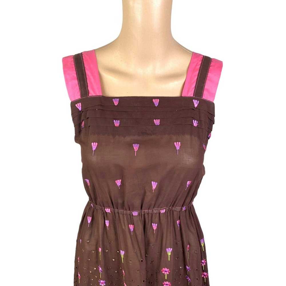 Vtg 50s/60s S Brown Pink Floral Embroidered Eyele… - image 2