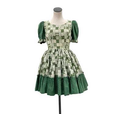 70s 80s Green & White Patchwork Dress Square Danc… - image 1