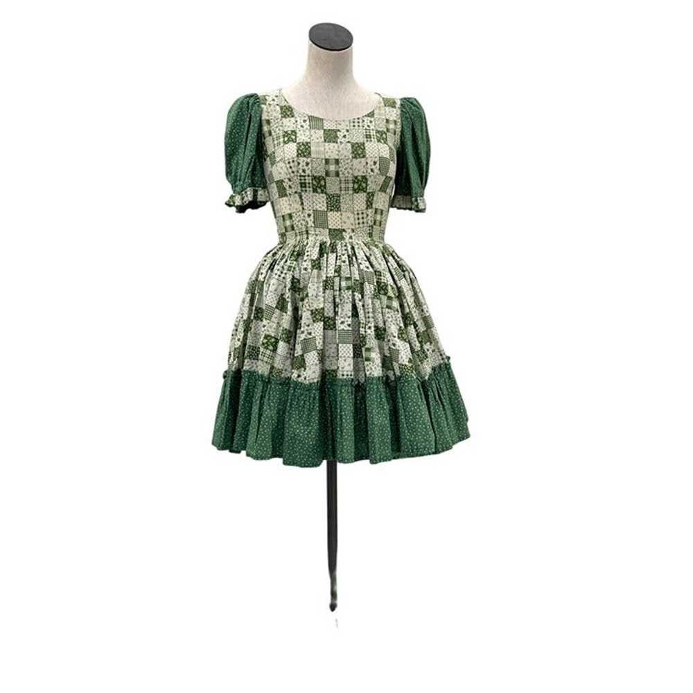 70s 80s Green & White Patchwork Dress Square Danc… - image 2