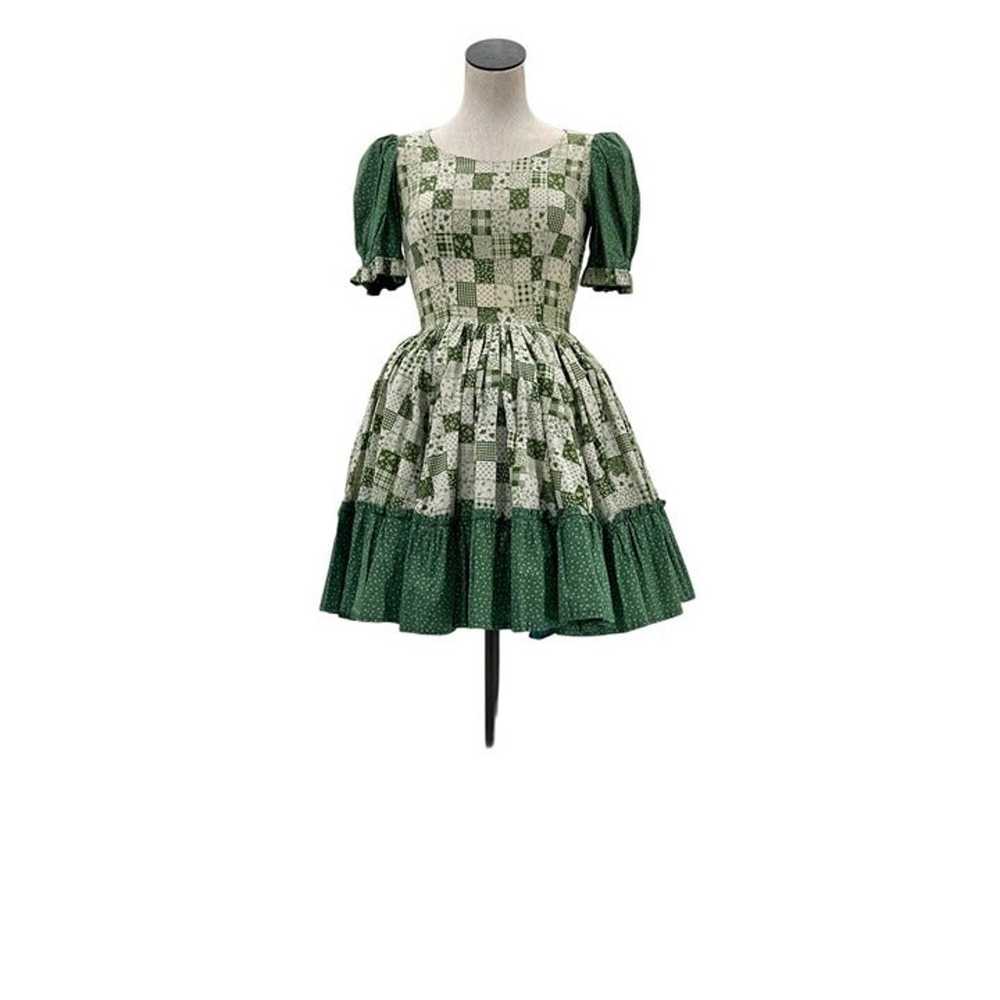 70s 80s Green & White Patchwork Dress Square Danc… - image 3