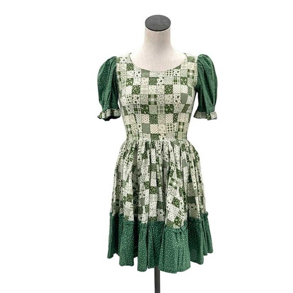 70s 80s Green & White Patchwork Dress Square Danc… - image 9