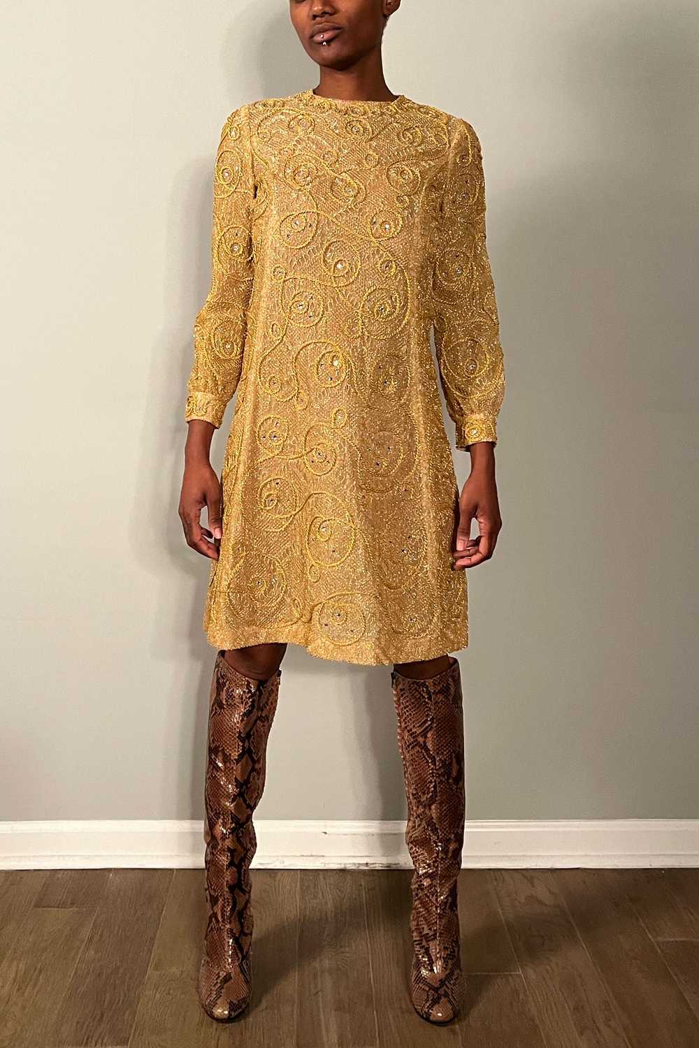 1960S Metallic Gold Sheer Overlay Dress - image 1