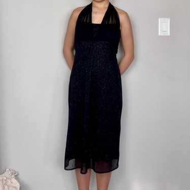 Vintage Black Mesh Halter Sparkly Dot Midi Dress … - image 1