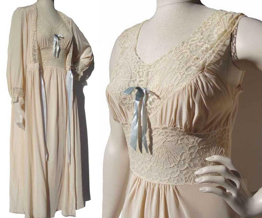 Vintage 40s Peignoir Du Benay Rayon Nightgown & R… - image 1