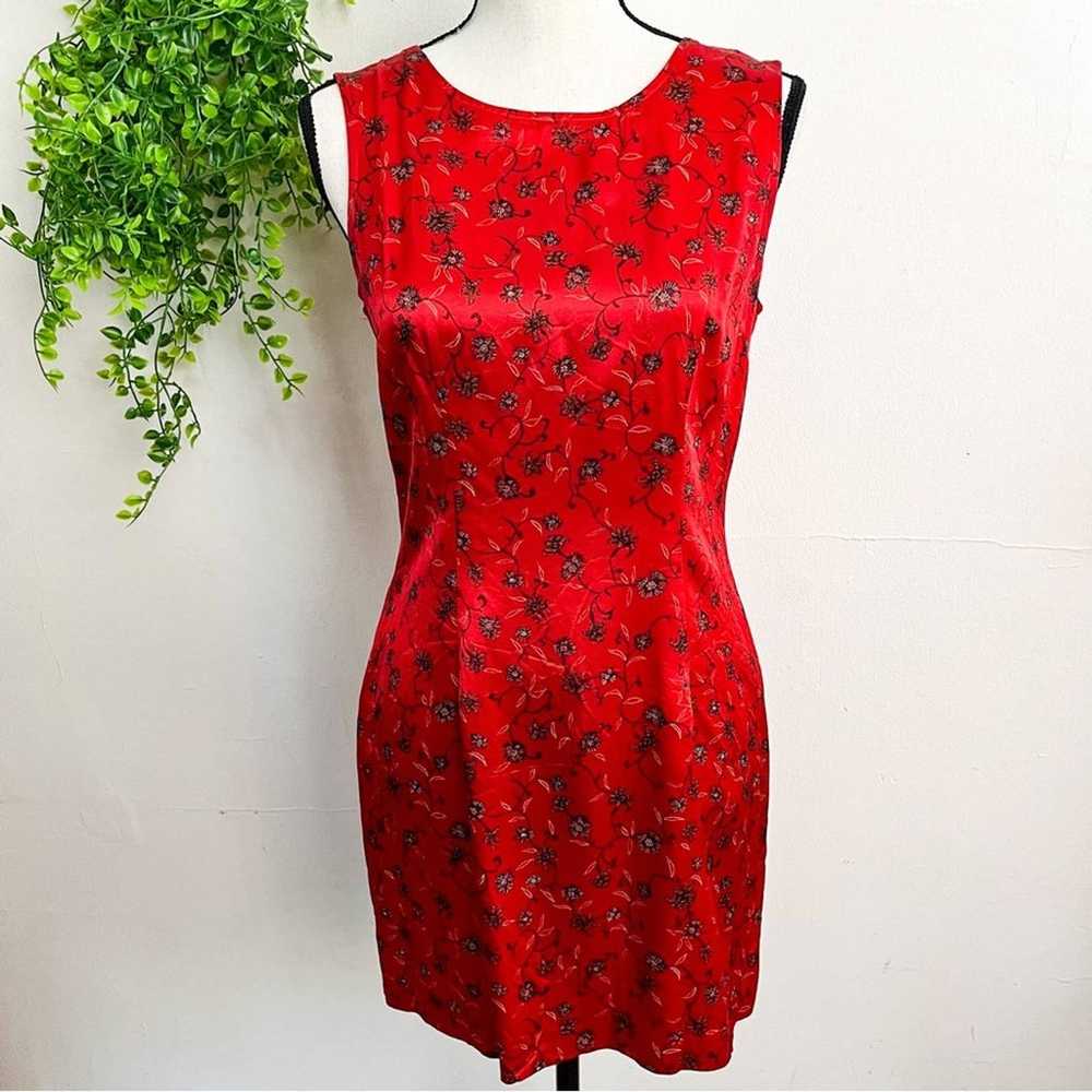 Vintage Dawn Joy Fashions Satin Red Floral Sheath… - image 1