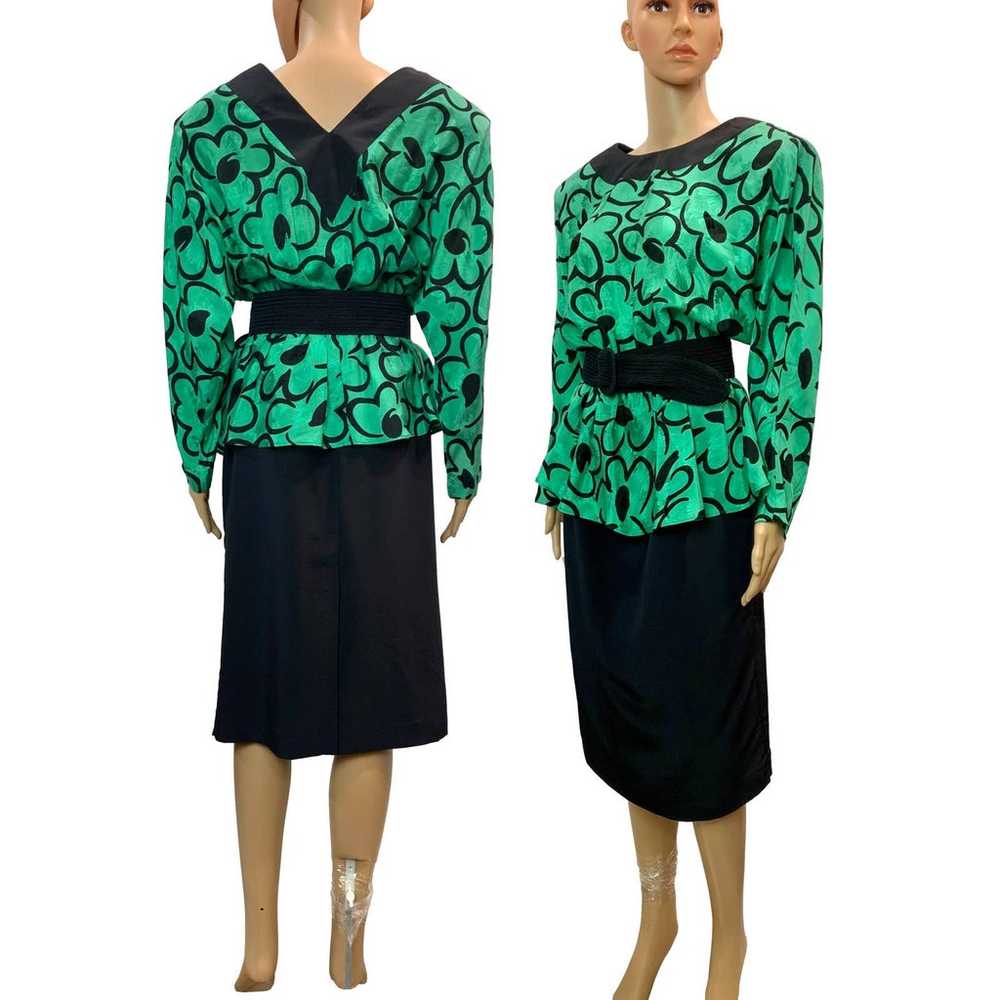 80s Green & Black Batwing Peplum Dress Mod Floral… - image 1
