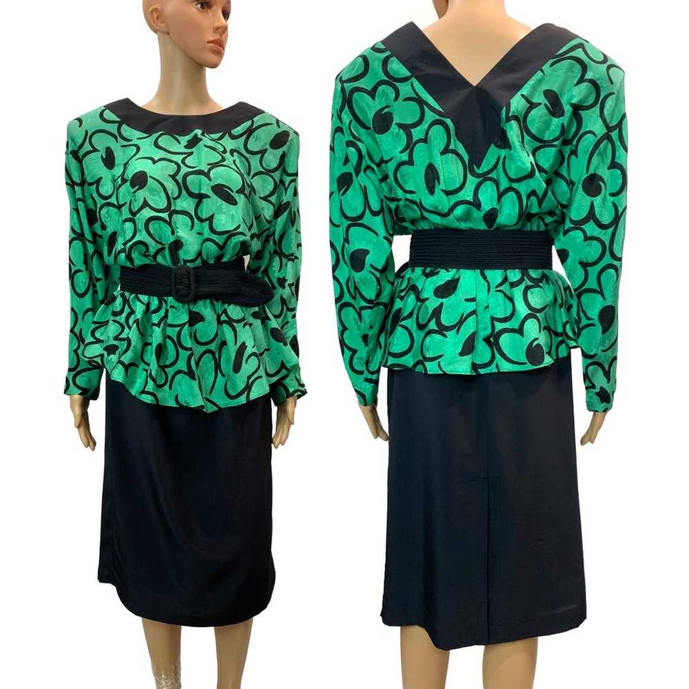 80s Green & Black Batwing Peplum Dress Mod Floral… - image 2