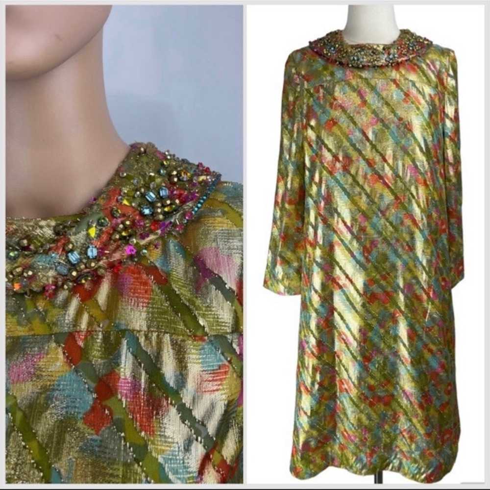1960s Branell Gold Beaded Collar Trapeze Dress Sm… - image 1