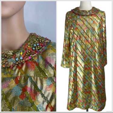 1960s Branell Gold Beaded Collar Trapeze Dress Sm… - image 1