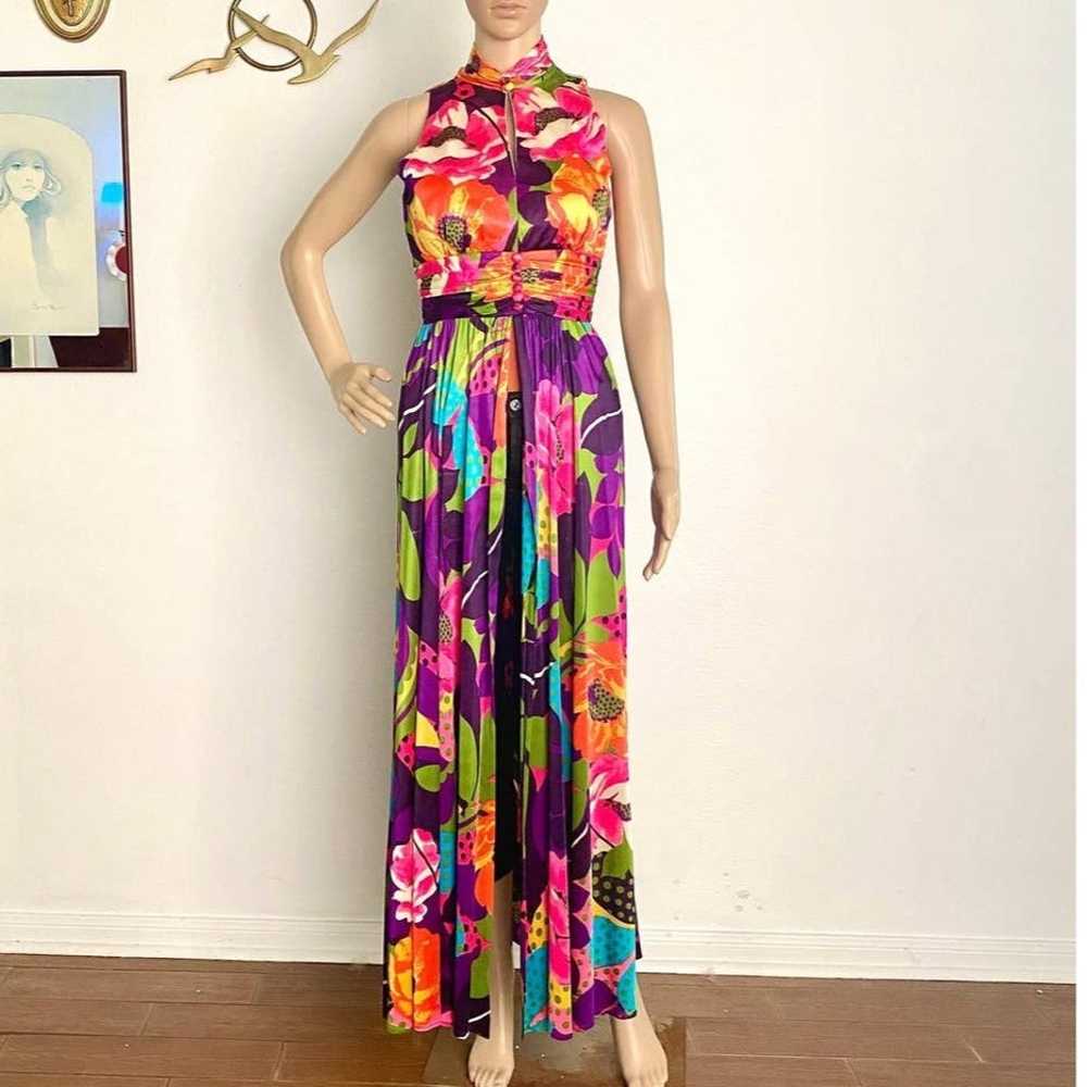 Vintage 1970's Overdress in Flower Power Print wi… - image 1