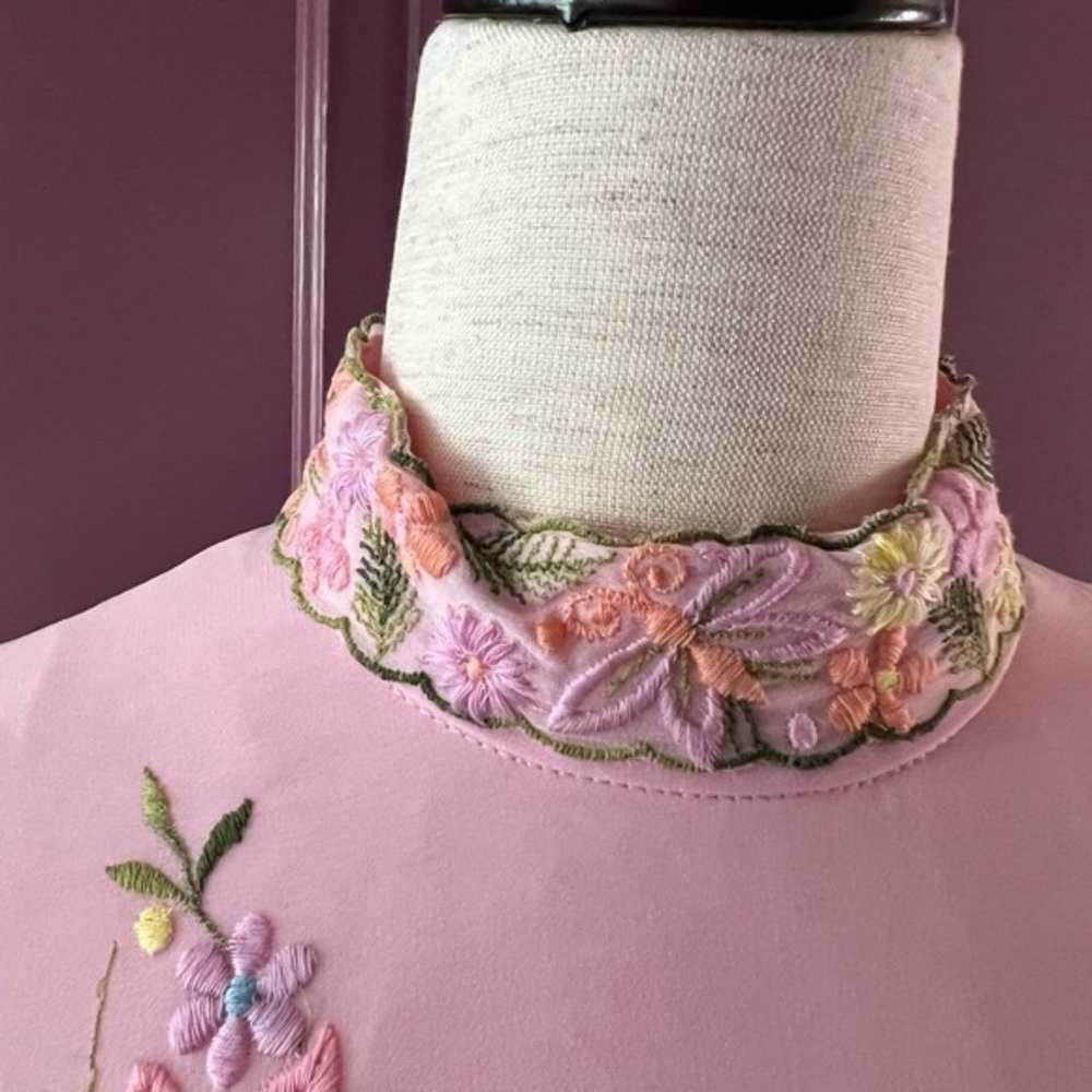 Vintage 70’s Boho Pastel Pink Embroidered Full Sl… - image 3