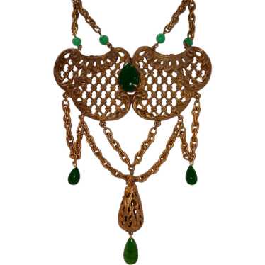 Art Deco Czech Festoon Necklace Green Glass & Bra… - image 1