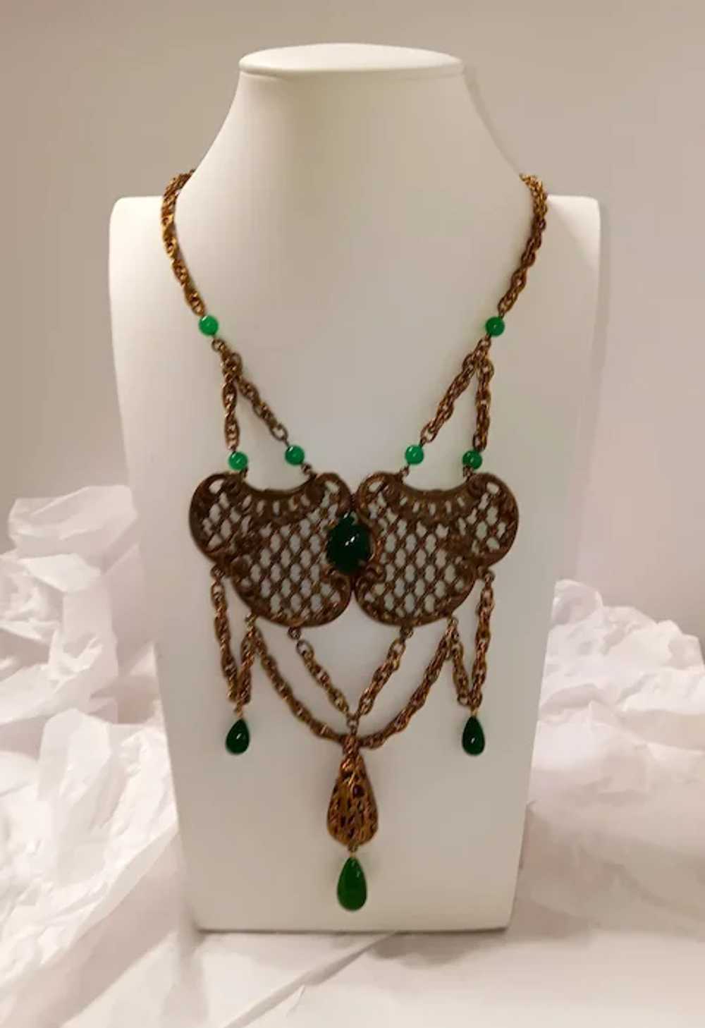 Art Deco Czech Festoon Necklace Green Glass & Bra… - image 2