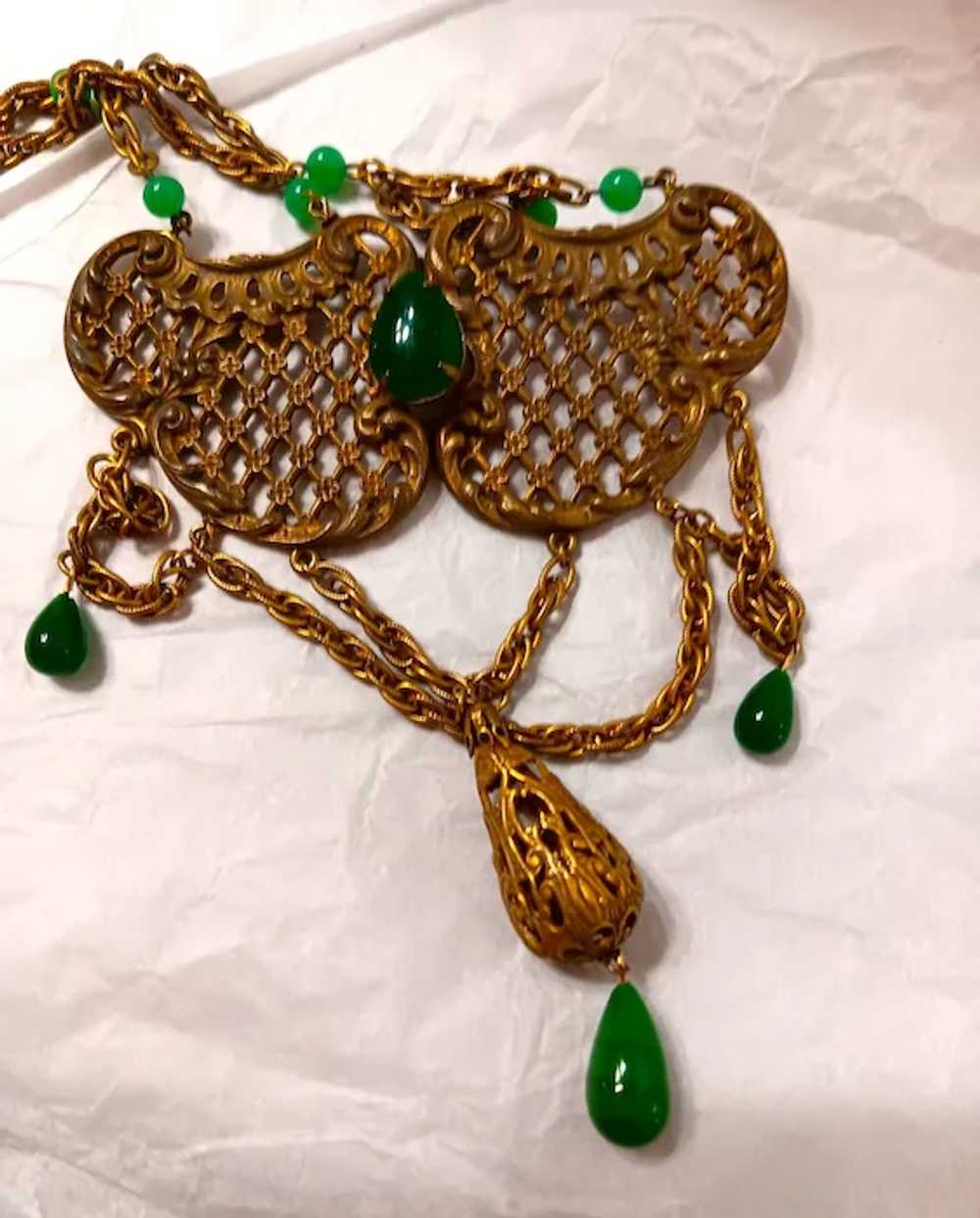 Art Deco Czech Festoon Necklace Green Glass & Bra… - image 5