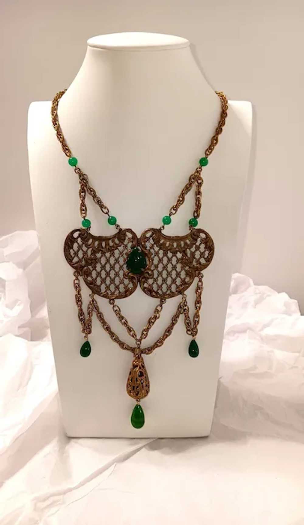 Art Deco Czech Festoon Necklace Green Glass & Bra… - image 6