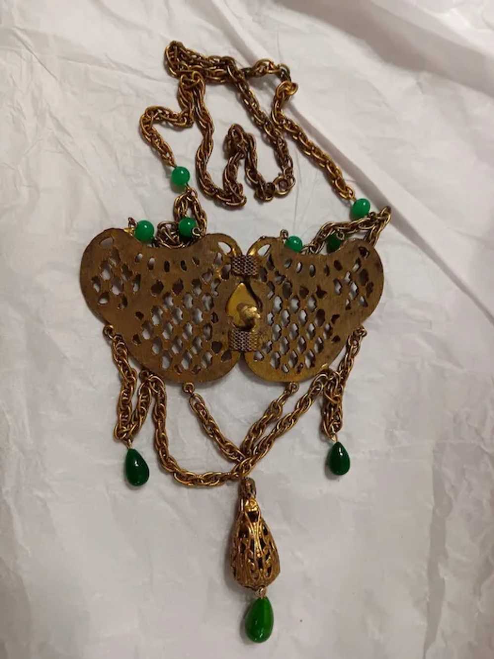Art Deco Czech Festoon Necklace Green Glass & Bra… - image 7