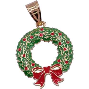 Holiday Christmas Wreath Enameled Charm 14K Gold - image 1