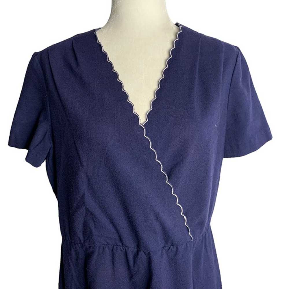Vintage 80s Midi Sheath Dress M Blue Surplice Nec… - image 2