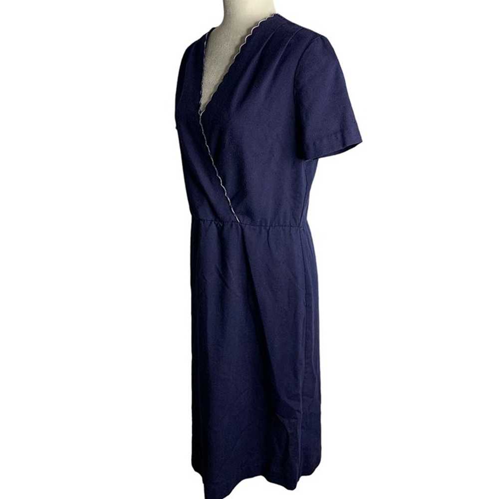 Vintage 80s Midi Sheath Dress M Blue Surplice Nec… - image 3