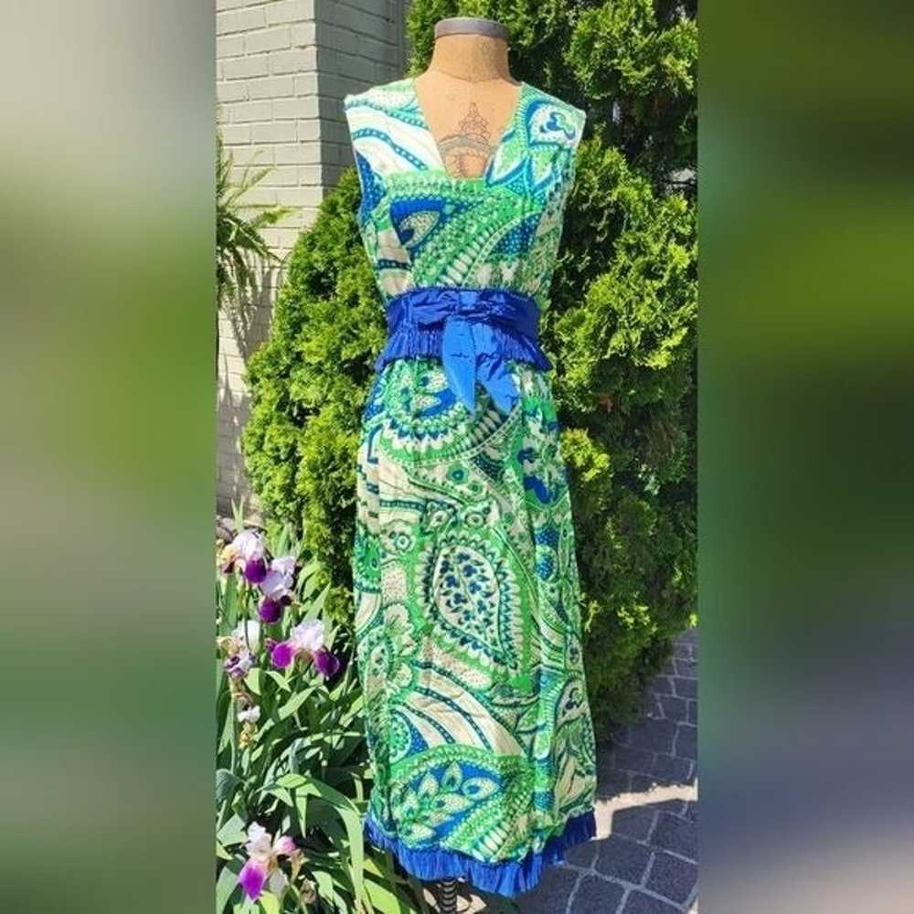 Vintage Mod Print Maxi Dress Green and Blue Handm… - image 6