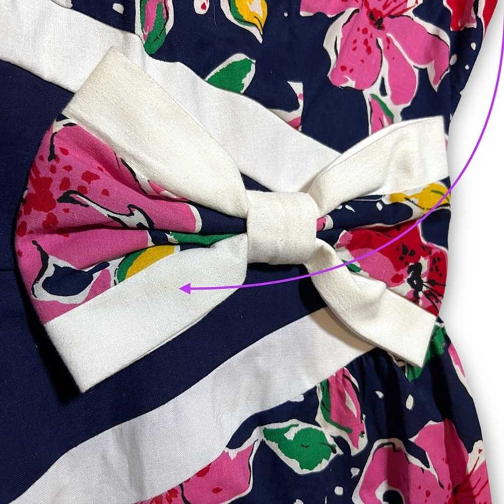 80s Vintage Navy Blue & Pink Floral Puff Sleeve M… - image 9