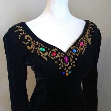 Vintage 90s Zum Zum Velvet Midi Dress Beaded Size… - image 1