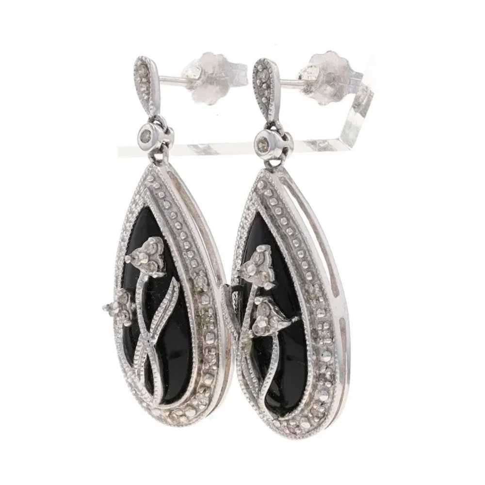 White Gold Onyx & Diamond Dangle Earrings - 10k F… - image 1