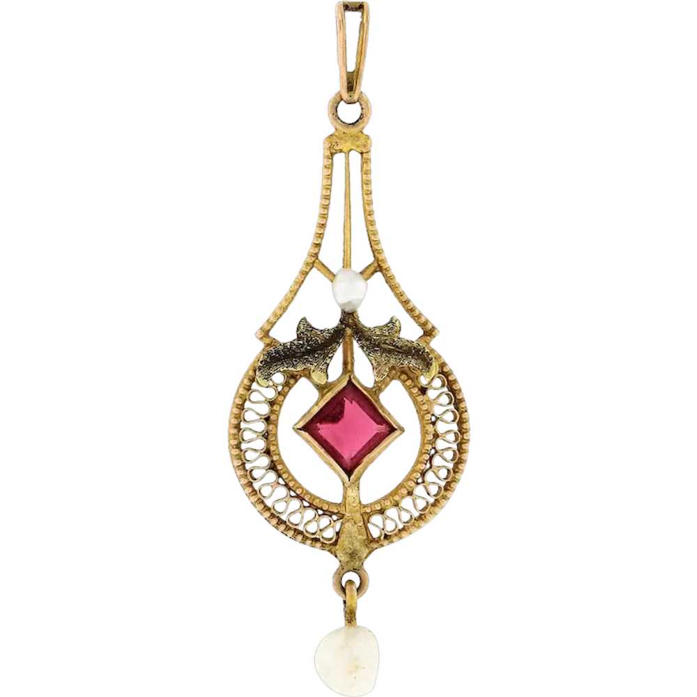 Antique Victorian 10K TT Gold Red Stone & Pearl D… - image 1