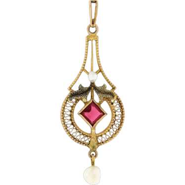 Antique Victorian 10K TT Gold Red Stone & Pearl D… - image 1
