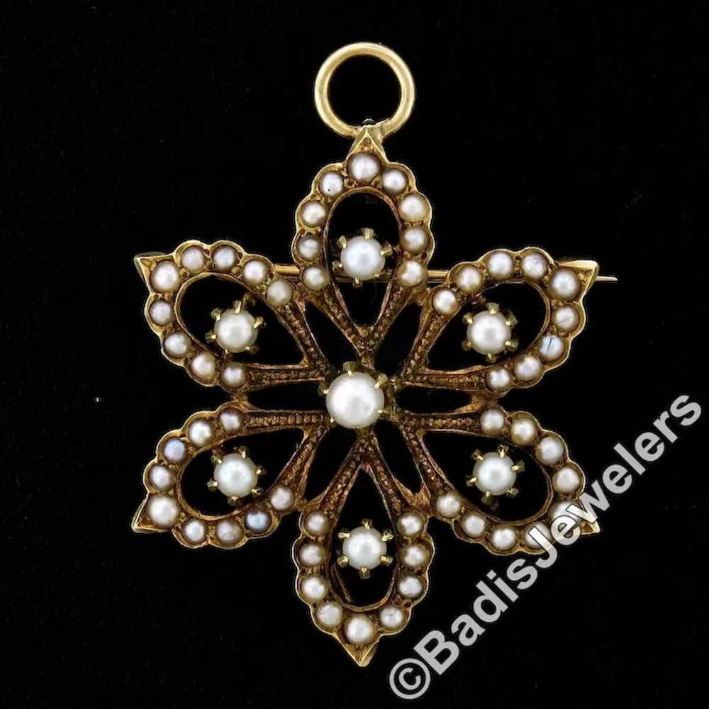 Antique Victorian 14K Yellow Gold Seed Pearl Clus… - image 2