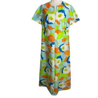 Vintage 60s Psychedelic Maxi Dress L Blue Green F… - image 1